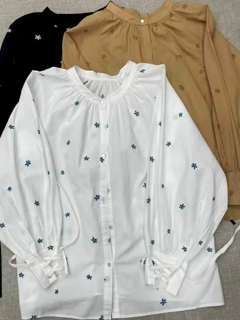 بلوزة Niko and Sweet Sle Faionable مطرزة بالزهور طويلة Sve irt من القطن الخالص المستقيم للنساء