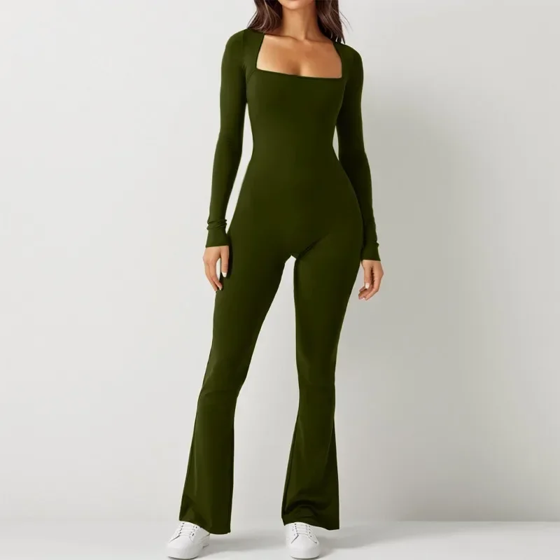 Herfst Lange Mouw Slanke Vierkante Hals Jumpsuit Vrouwen Casual Hoge Taille Sexy Rompertjes Mode Elastisch Kantoor Dames Playsuits 30066