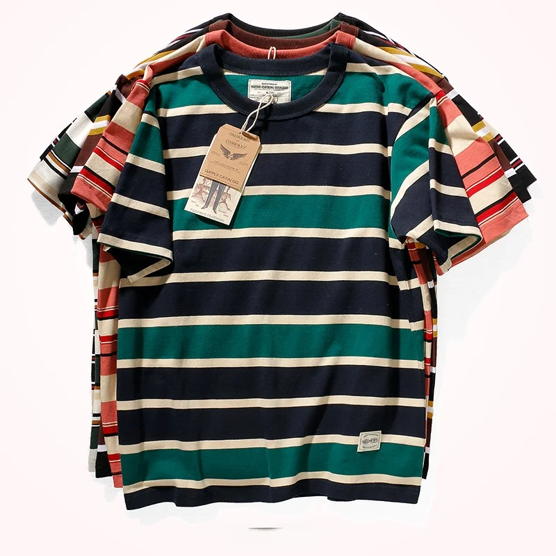Vintage Striped Short Sleeve T-Shirt Men's Heavyweight Double Thread Pure Cotton Three Needle round Neck Half Sleeve T-Shirt
