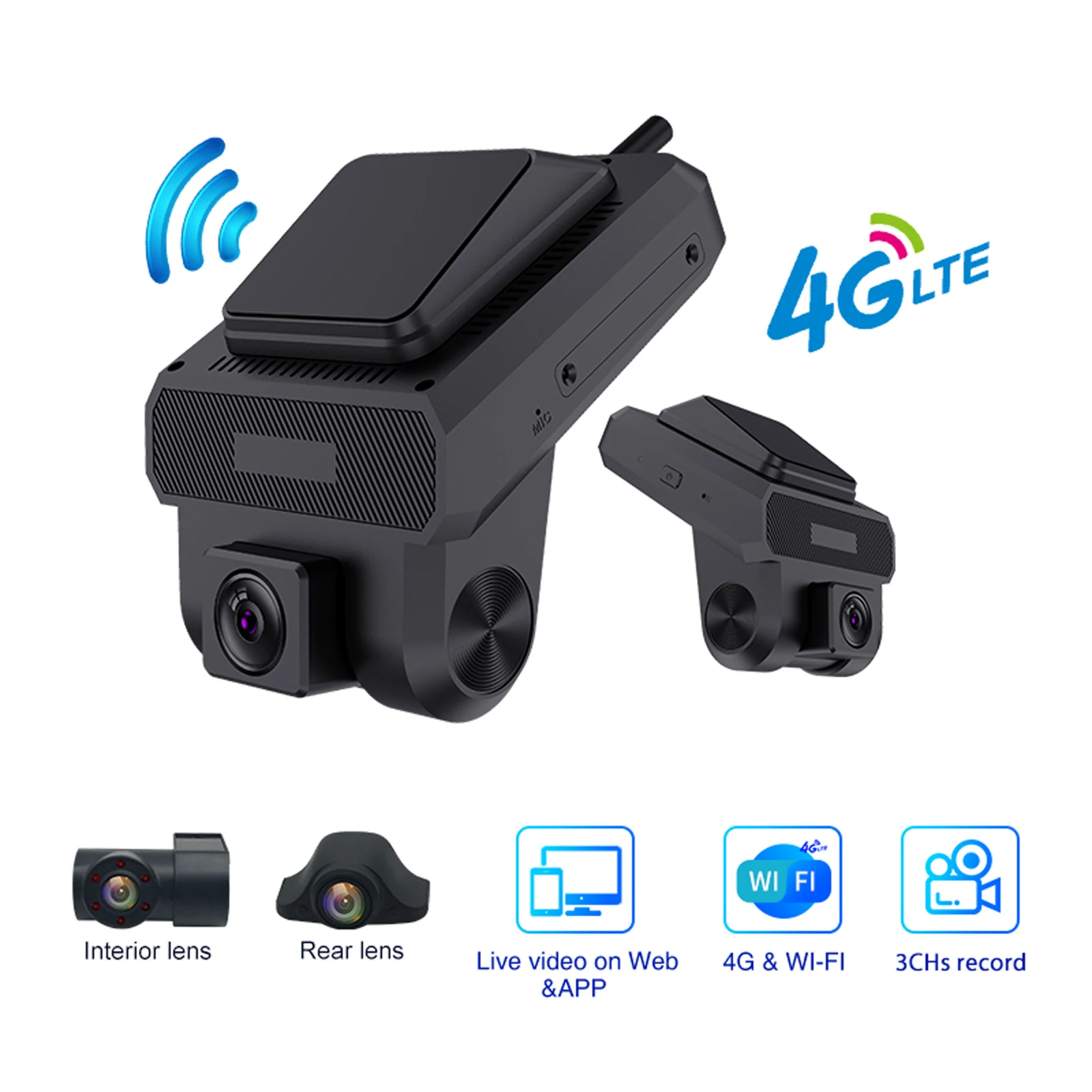 Triple Lens 4G LTE Dash Cam 3 Channel Dash Camera FHD 1080P Front and Rear Inside IR Night Vision Lens Smart Cloud DVR Android