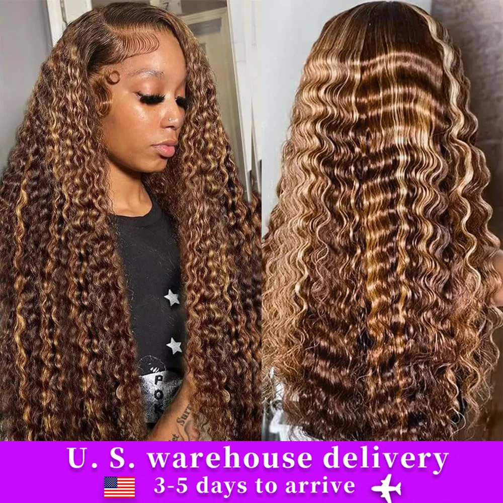 Highlight Ombre Human Hair Wig 13x6 Glueless Preplucked Human Wigs Ready to Go Curly Lace Frontal Human Hair Wig Deep Wave