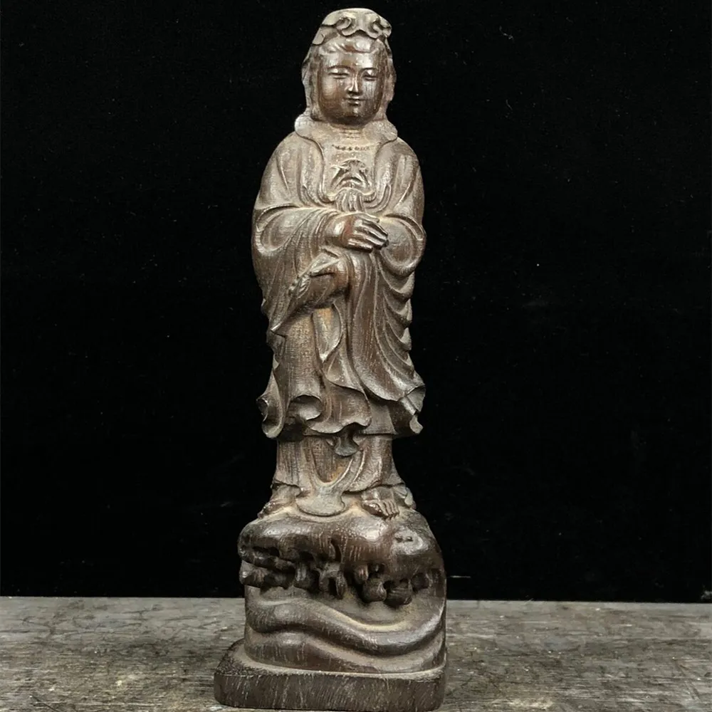 Collection Chinese Natural Ebony Wood Carving Kwan-yin Statue Wooden Sculpture