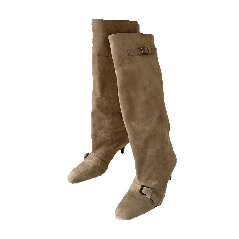 2026 Autumn Spring Square Boots Faux Suede Bulk Strap Mid-calf Knee High Boots Kitten Low Heel Shoes Women Khaki Brown Black