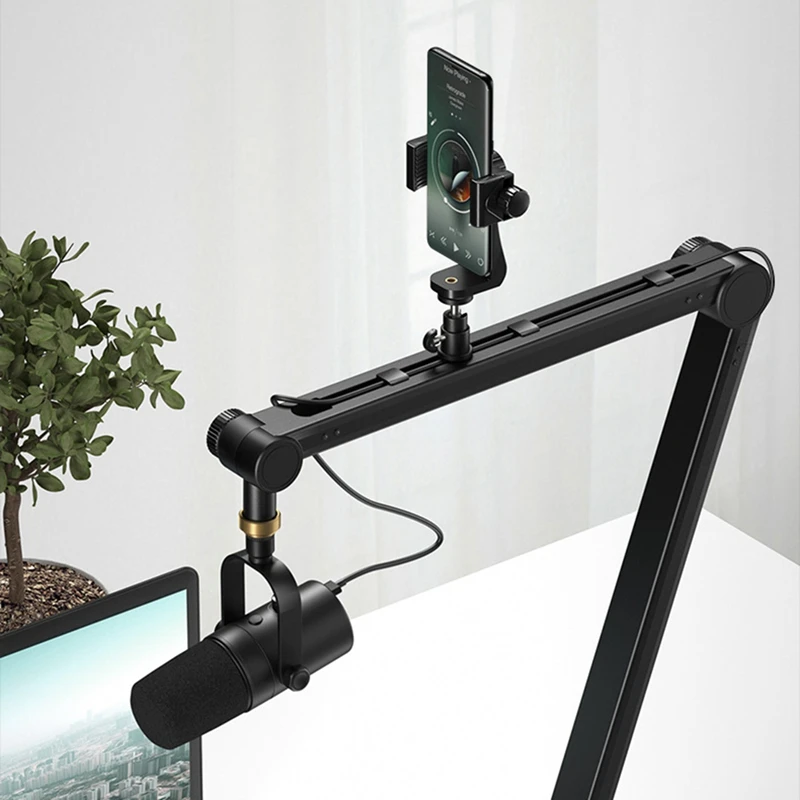 360 Degree Adjustable Microphone Stand With Phone Holder Live Streaming Heavy Duty Boom Arm Microphone Holder