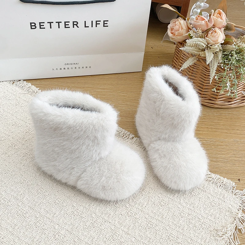 Luxury Thick Fur Boots Kid Girl Fluffy Warm Plush Booties Child 2025 Winter New Round Toe Slip-on Outdoor Cotton Shoe Size 23-34