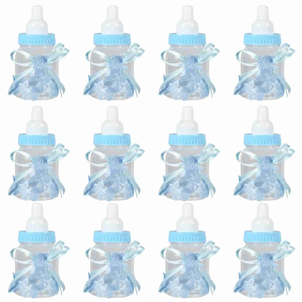 

12pcs Mini Candy Chocolate Bottles Plastic With Ribbons Milk Bottles Blue Pink Plastic Candy Bottles Home Party Decor