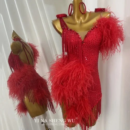 Latin dansjurken op maat gemaakte luxe AB stenen veren franje jurk voor volwassenen en kinderen prestatiekostuums dans rode jurk