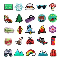 1pcs Original Hiking PVC Shoe Charms Designer Upper Buckle Accessories Cute Mountain Tree Hat Bonfires Animals Shapes Clog Clips