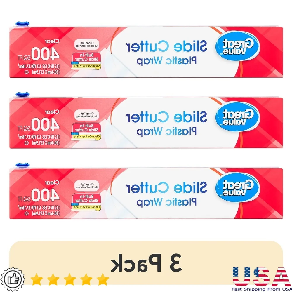 

3 Pack Plastic Wrap 400 sq ft with Slide Cutter Strong Clear Food Wrap Clings Tight Seals Freshness Ideal Marinating Covering
