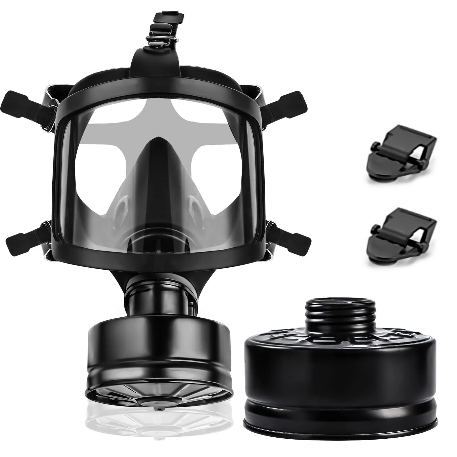 Self-contained filtering fire and volcanic smoke and gas protective full-face mask with black hood