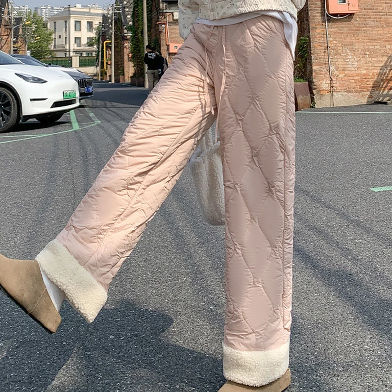 Women Winter Warm Wide Leg Polar Fleece Pants Causal Thicken Fluffy Baggy Pants Snow Warm Windproof Quilted Straight  Trousers