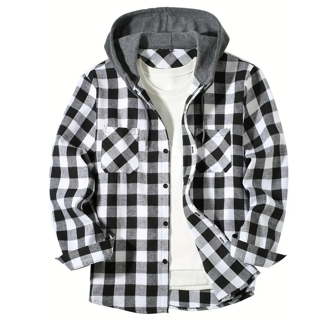 Spring Autumn Men\'s Hoodies Shirts Classic Plaid Casual Button Down Hooded Long Sleeved Double Pockets Shirt Flannel Jacket Tops