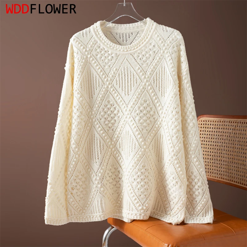 

Women Sweater 100% Natural Wool Cream-white O Neck Long Sleeve Openwork Pullover Top Warm Autumn Winter Office Lady M1461