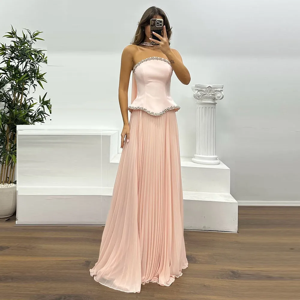 

Customized Saudi Dress A Line Strapless Floor Length Women's Evening Dresses Sleeveles Beading Wedding Party Dress With Shawl