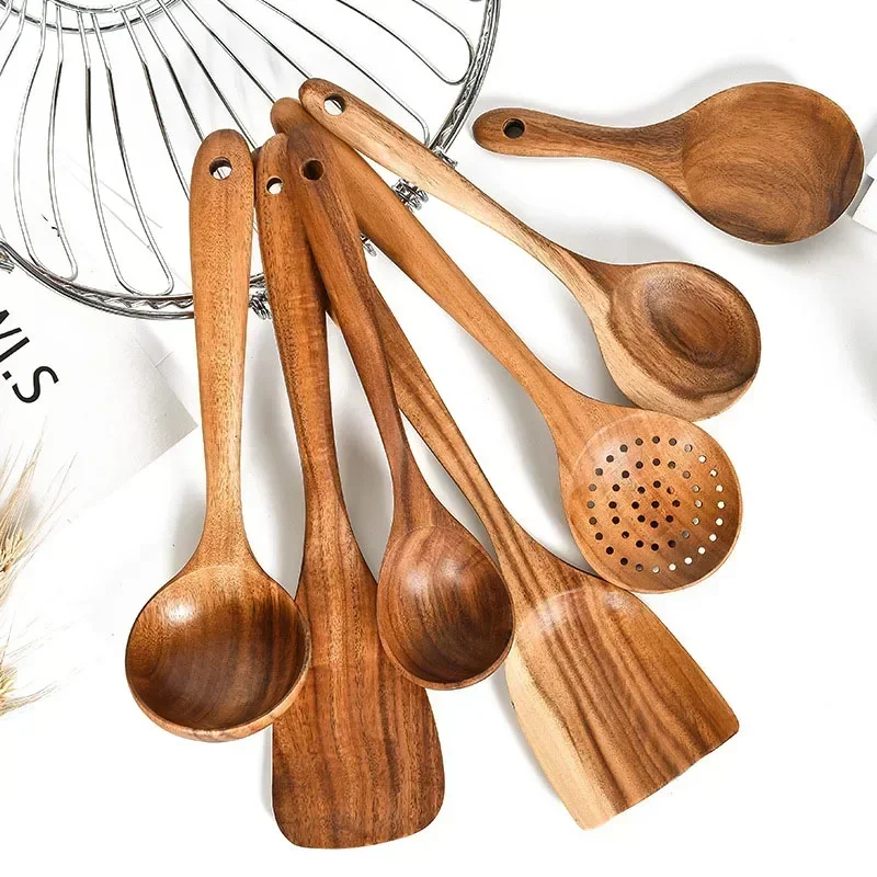 Vajilla de madera Natural de teca tailandesa, cuchara, colador de arroz, espumadera de sopa, cucharas de sopa, cuchara, juego de herramientas de cocina