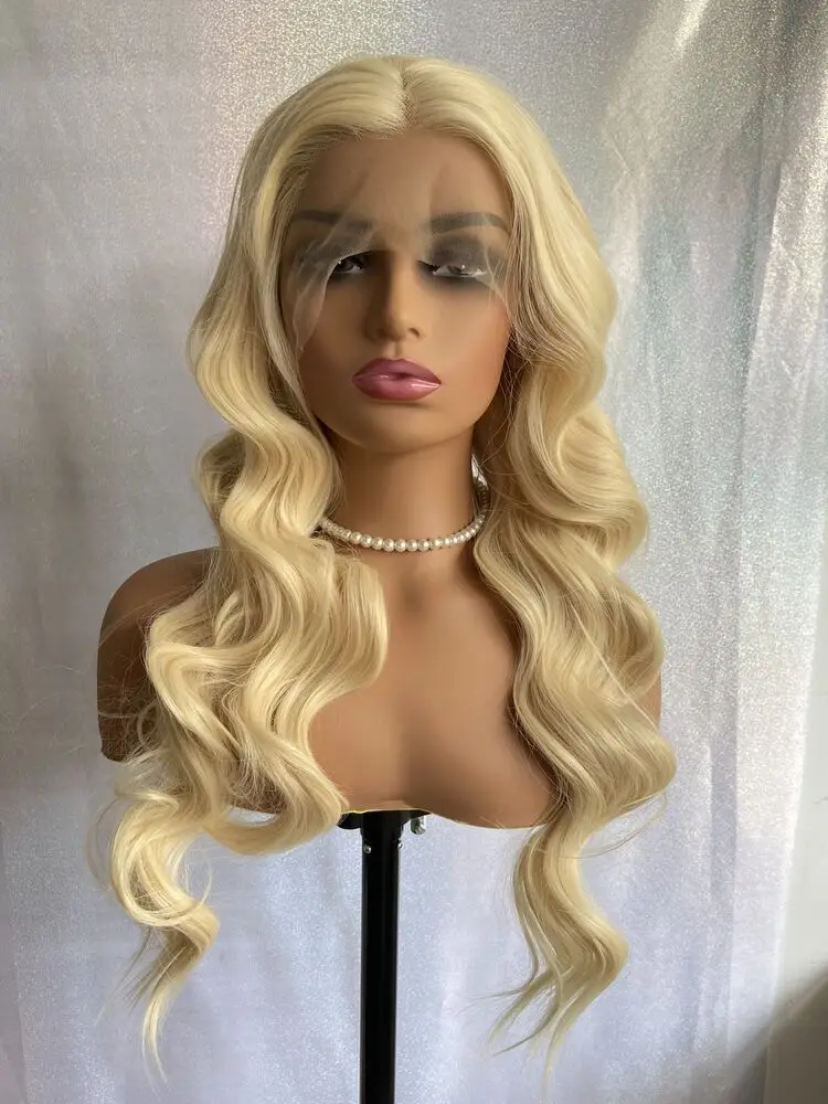 Long Wavy Blonde Lace Front Human Hair Blend Heat Ok Synthetic Wig