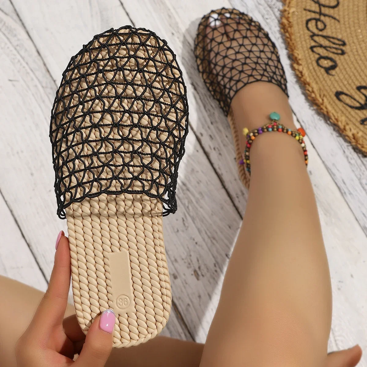 2026 New Women Woven Hollow Out Closed Toe Mule Slippers Backless Slip on Flat Slide Sandals Breathable Casual Shoes for Women