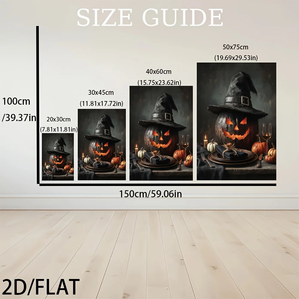 2D Flat, 2D/FLAT Hard Tube Packaging: 1 Halloween Witch Hat and Pumpkin Lantern Canvas Printed Poster, Modern Wall Art Decoratio