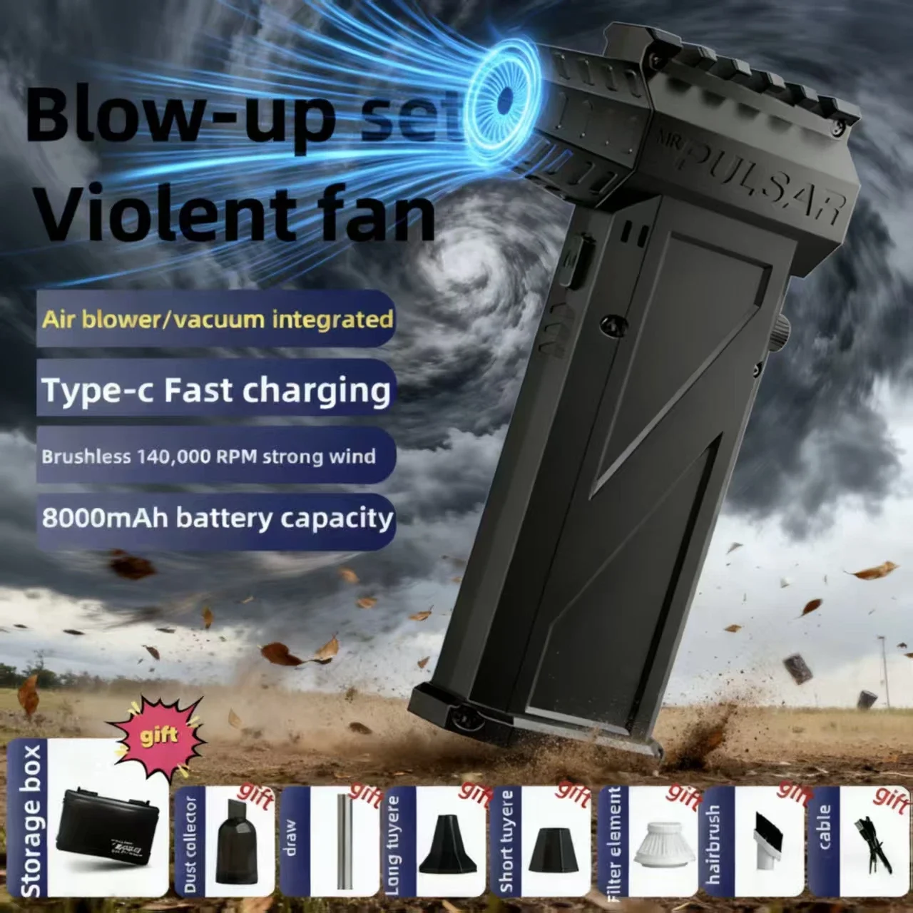 

13000 RPM, X3 violent fan, USB charging 4000mah, small, portable and durable. 3 mode adjustable, car powerful cleaning fan