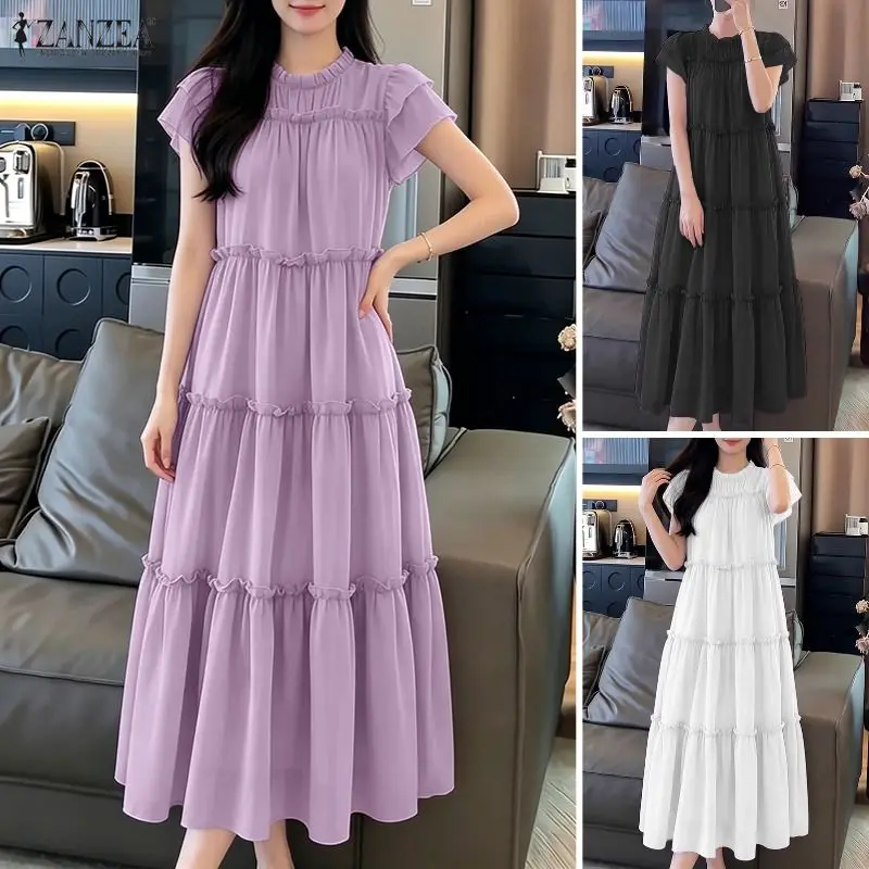 Damen Sommerkleid 2026 ZANZEA Elegantes Rüschenkleid Stilvolles Lässiges Lockeres Urlaubskleid O-Ausschnitt Kurzarm Arbeits-Midikleid
