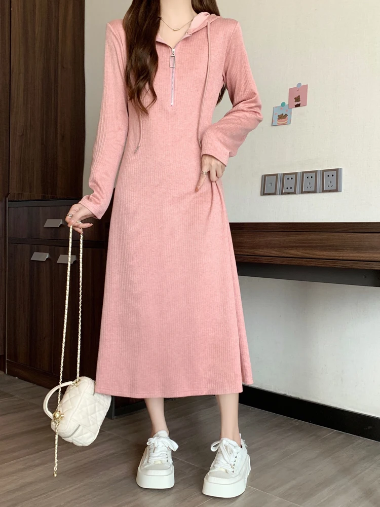 NYFS 2023 Autumn Winter New Womens Dresses Vestidos Robe Elbise Loose Plus Size Cashmere Fat MM Hooded Long Dress L-4XL Size