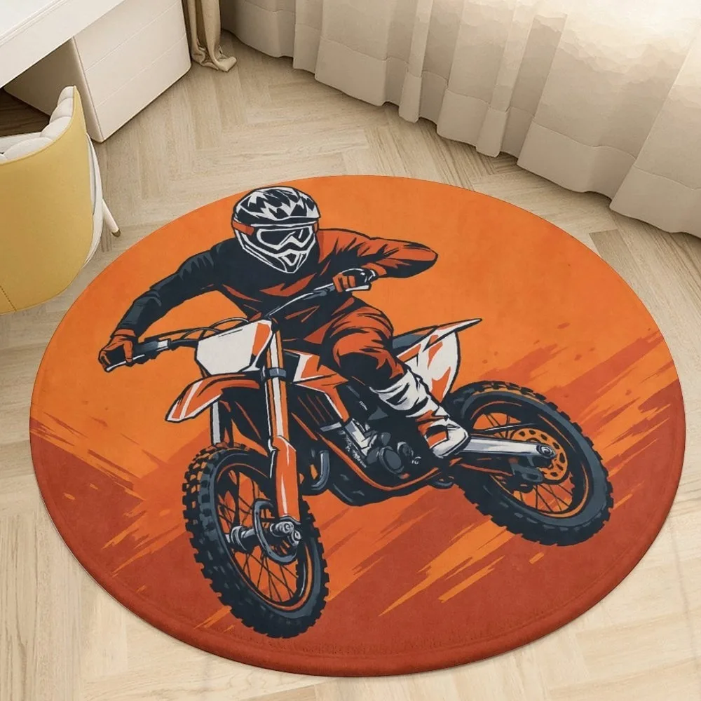 Motocross Rider Jump Theme Round Area Rug, Orange and Black Dirt Bike Non-Slip Floor Mat, Decorative Carpet for Bedroom Home