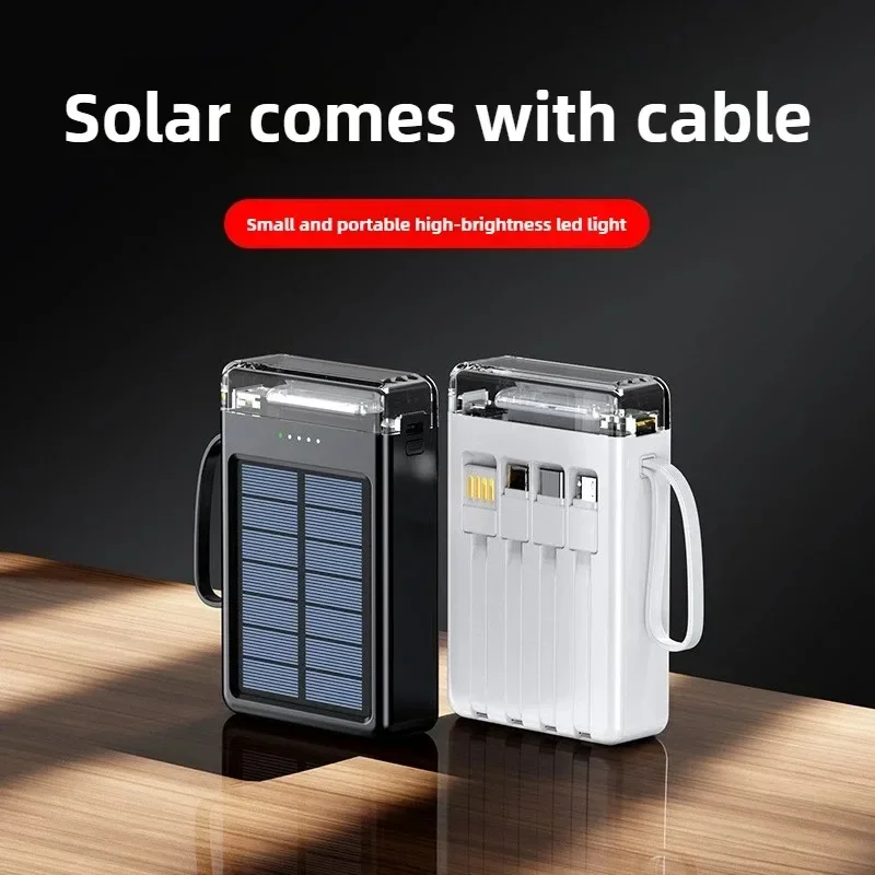 Солнечная батарея 10000 мАч для iPhone, Xiaomi, Samsung, Huawei 4 в 1, встроенные кабели, портативная запасная внешняя батарея