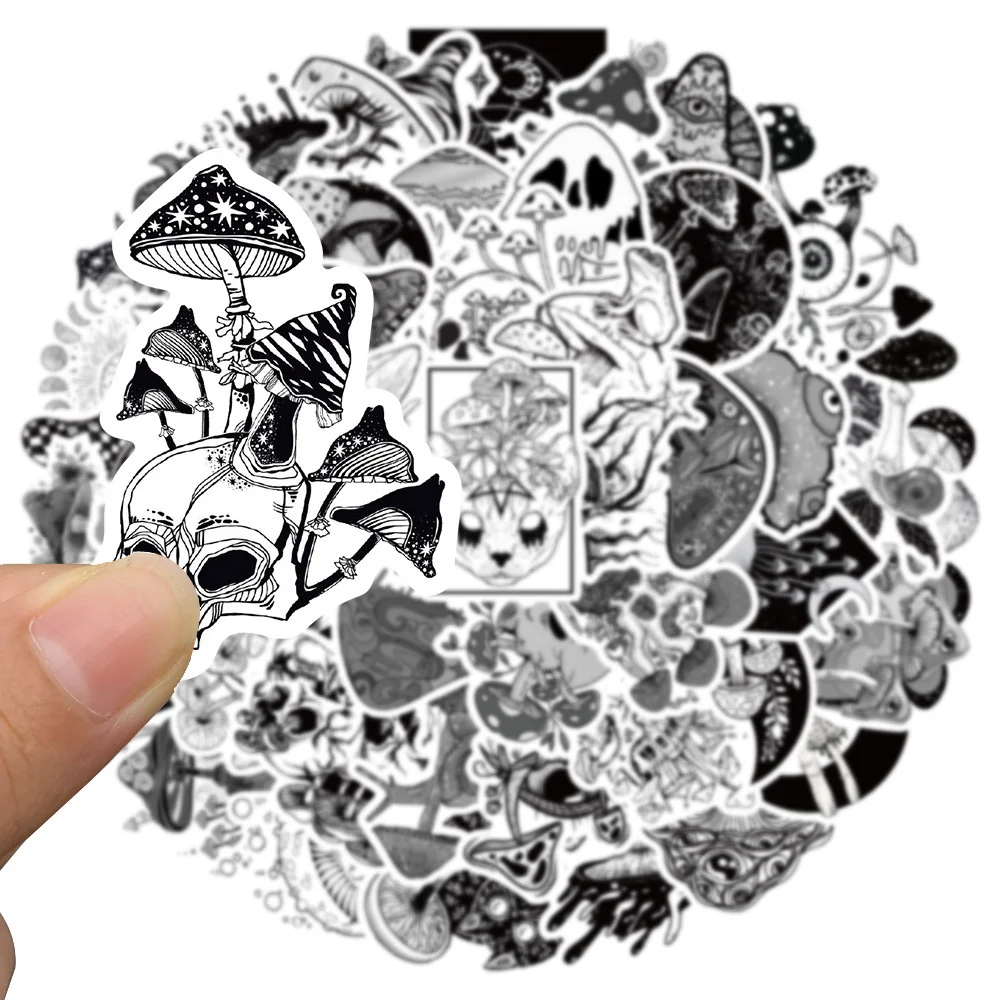 50pcs Black White Gothic Mushroom Stickers Laptop Phone Stationery Guitar Ipad Laptop DIY Sticker Handmade Scrapbooking Supplies