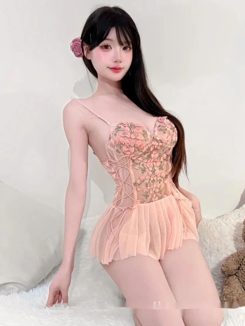 Lace Embroidery Sweet Nightdress With Underwire Strap Nightgown Hot Girl Dress Elegant Tank Mini Dress Hot Sexy Korean Women IAO