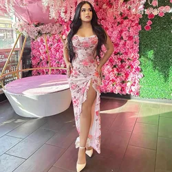 Valentine's Day Holiday Summer Women Flower Print Ruffled High Slit Sling Fashion Dress