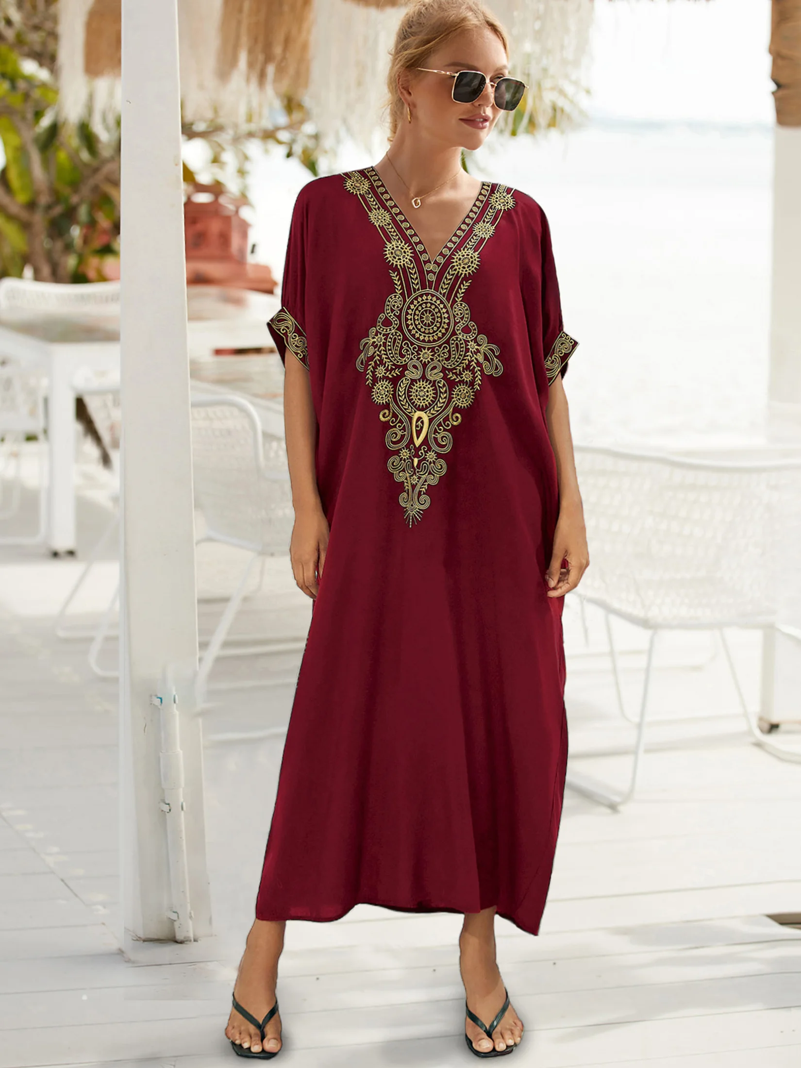 Bohemian Plus Size Embroidered Kaftan V-neck Puff Sleeve Casual House Dress 2024 Women Summer Beachwear Swimsuit Cover-ups Q1581