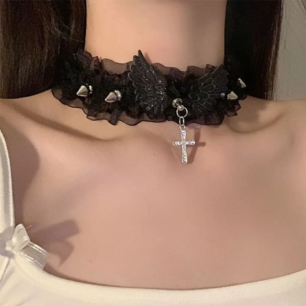 Gothic Black White Lace Lolita Collar Crystal Cross Pendant Angel Wings Rivet Choker Necklace for Women Egirl Y2K Jewelry Gifts