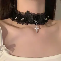 Gothic Black White Lace Lolita Collar Crystal Cross Pendant Angel Wings Rivet Choker Necklace for Women Egirl Y2K Jewelry Gifts