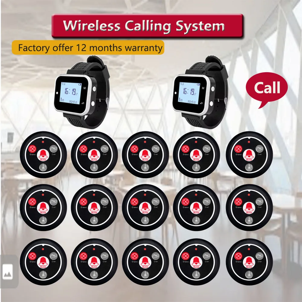 

QWICALL Wireless Calling System 15 Red/Black Restaurant Table Call Buttons Transmitter 2 Watch Waiter Pager Receiver for Cafe