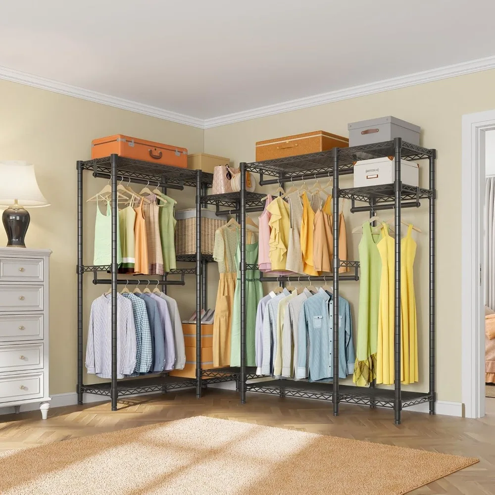 

Corner Clothes Rack, L Shaped Heavy Duty Garment Rack, Corner Wardrobe Closet with Adjustable 8 Shelves & 6 Hanging Rods