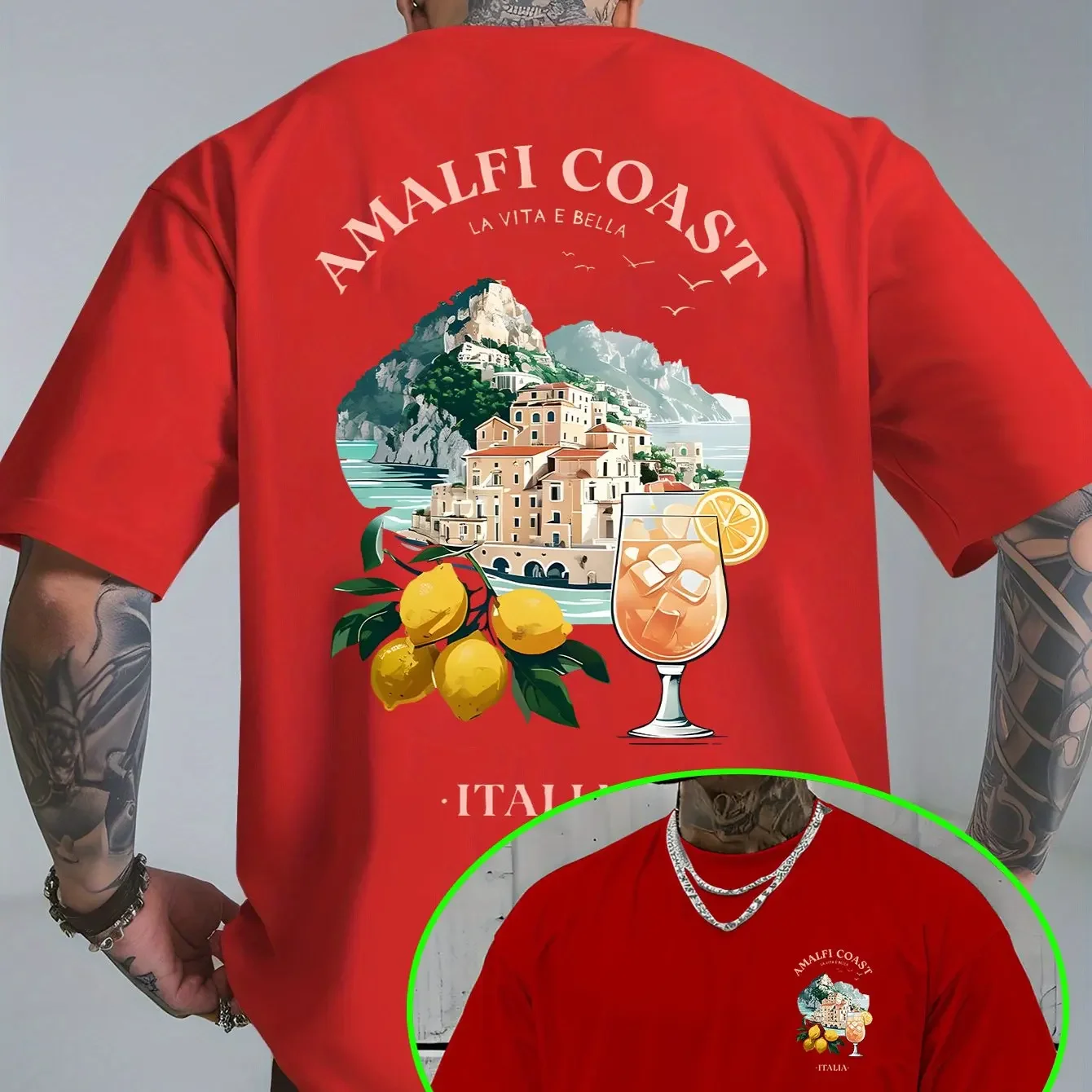 Men's Italian Amalfi Coast Pattern T-shirt 100% Cotton Summer Vacation T-shirt Breathable Casual Short-Sleeve Top