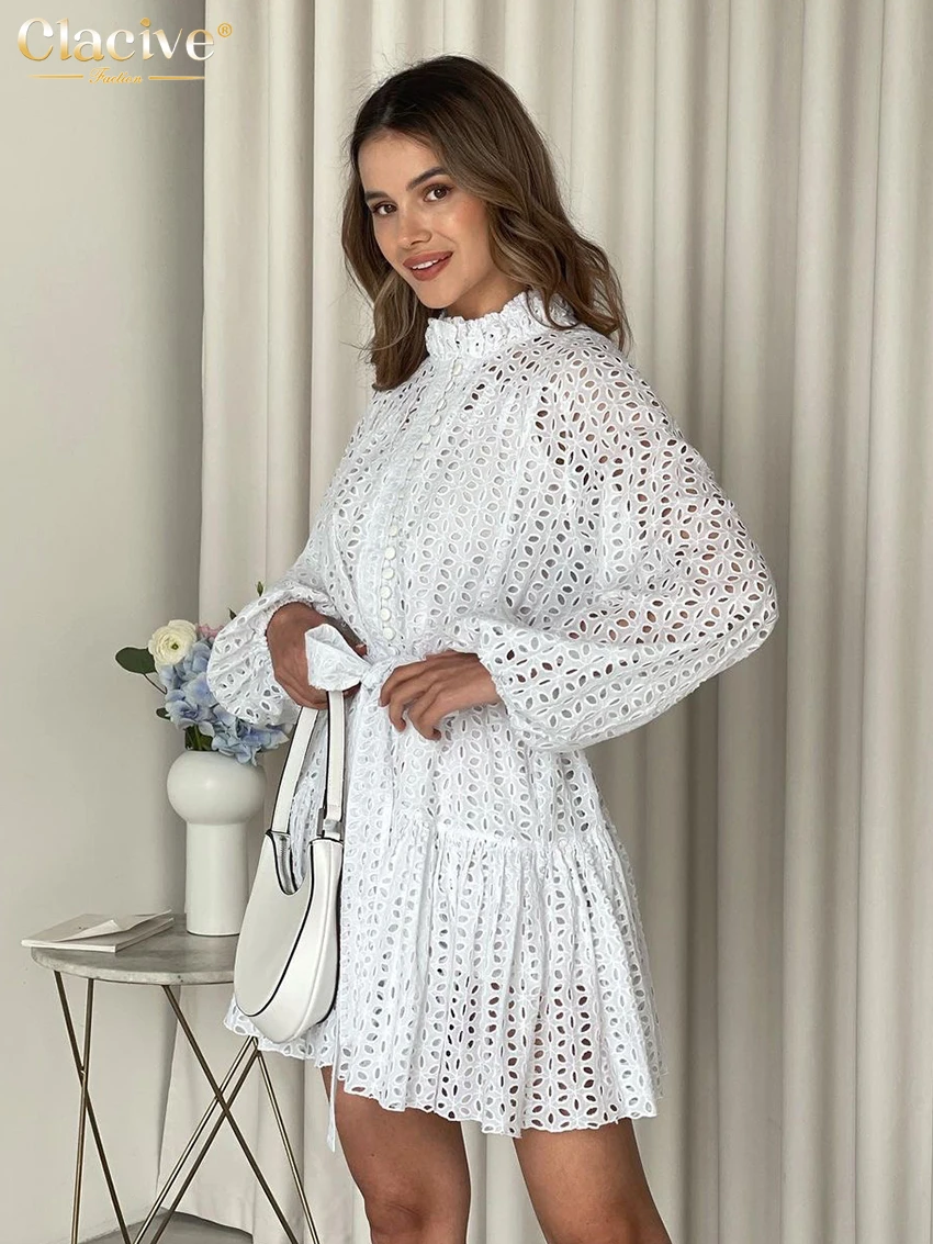 Clacive Casual White Cotton Dress Ladies Fashion Stand Collar Puff Sleeve Mini Dress Elegant Classic Lace-Up Dresses For Women