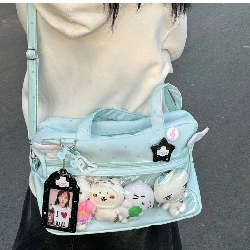 

Japanese anime Blue and White Wave Dot Pain Bag Female 2025 New Canvas Tote Bag Large Capacity Shoulder Bag