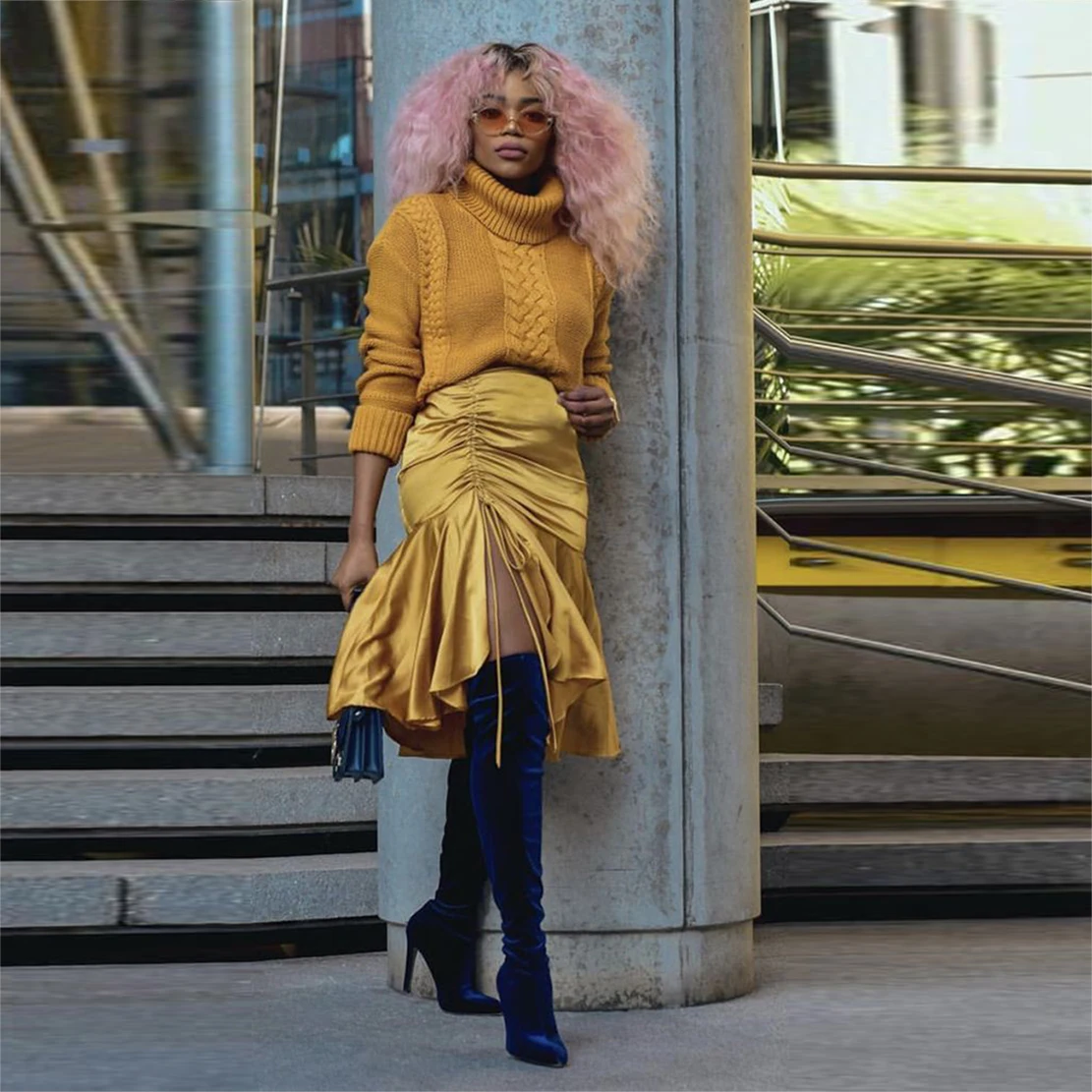 

Gold Satin Skirts With Drawstring Women Wedding Party Formal Wear Lady Mermaid Skirt Custom Made Knee Length Skirts