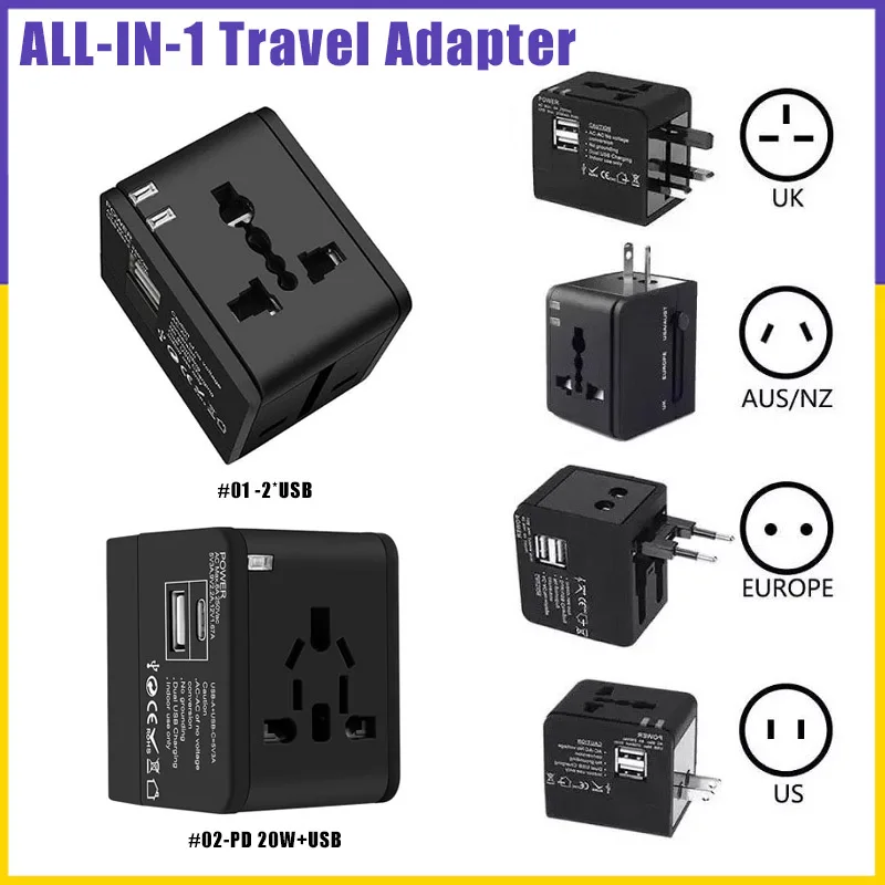 

【Fast Ship】Universal Travel Adapter UK US EU AU International Wall Charger Power Plug 2 USB Port 2.1A PD 20W Worldwide Converter