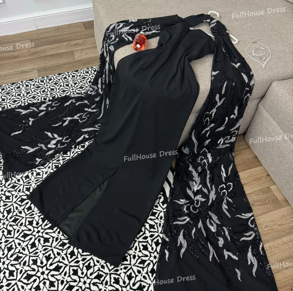 Vestido De noche recto negro con hombros descubiertos hecho a medida, vestido De fiesta largo sin mangas con lentejuelas De encaje