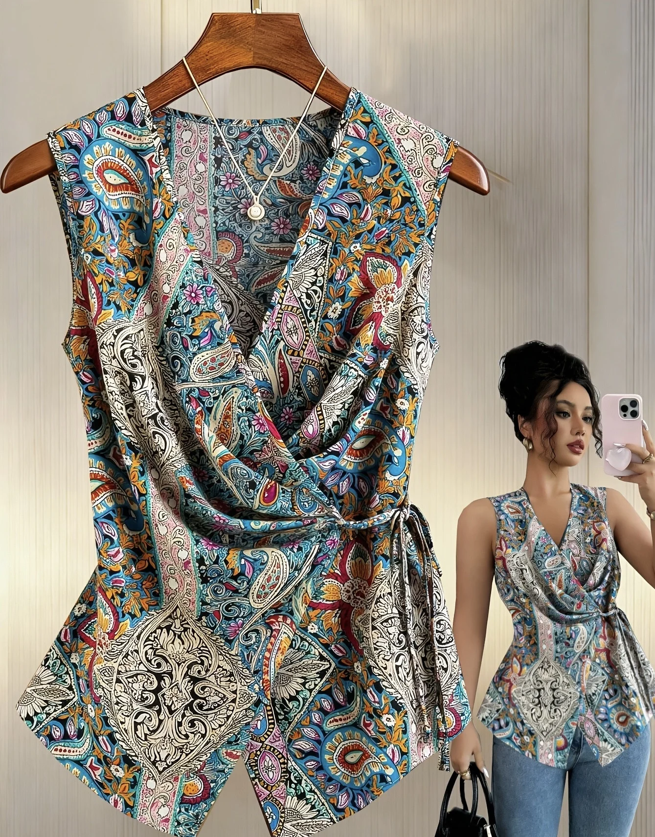 Women Bohemian Printed Sleeveless Blouse V Neck Wrap Tie Side Tank Top Irregular Hem Summer Holiday Casual Vest Tops