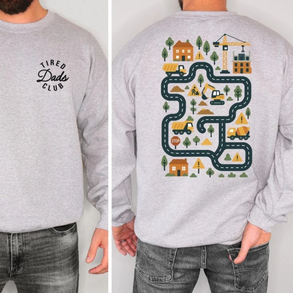 Tired Dads Club Sweatshirt Construction Dad Sweatshirt Play Cars on Dads Back Hoodie Mat Road Car Race Track Father's Day Gift