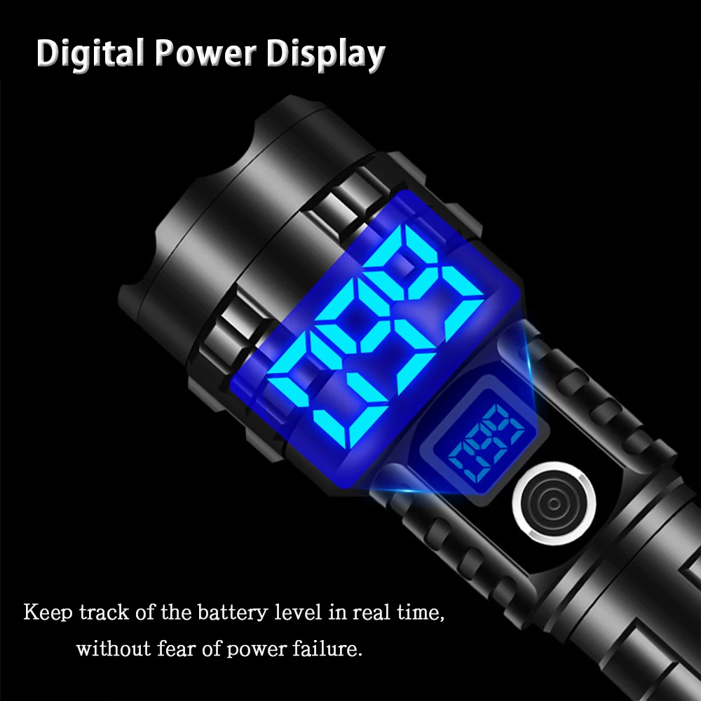 Super Bright Flashlight with Digital Power Display High Lumens Rechargeable torch, XHP99 Led Flashlights Brightest Flash Light