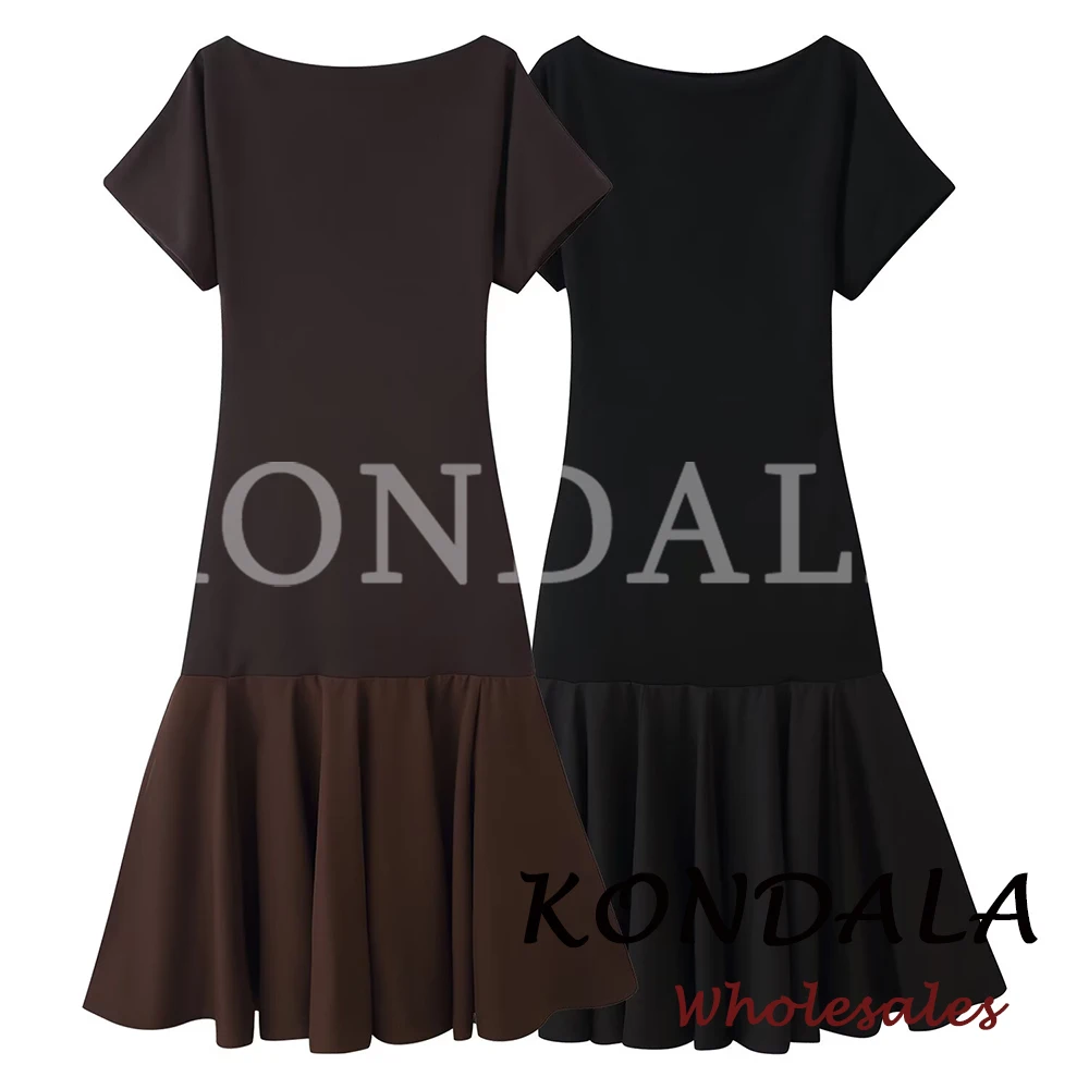 KONDALA Schickes Frühlings-Strickkleid mit Patchwork für Damen, Modisches 2026 Frühjahrskleid mit Reißverschluss, Einfarbig Braun, Weibliches Drapiertes Kurzarm-Kleid