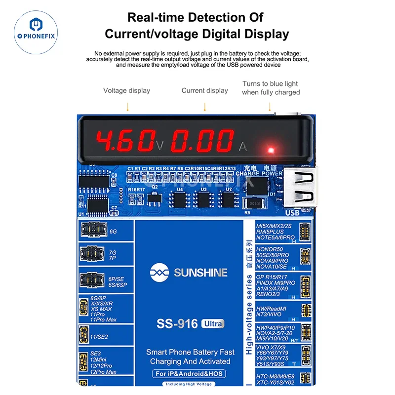 Phone Battery Fast Charging and Activation Board Fixture SS-916 Ultra for iPhone 6-16 Pro Max Android Short Circuit Protection