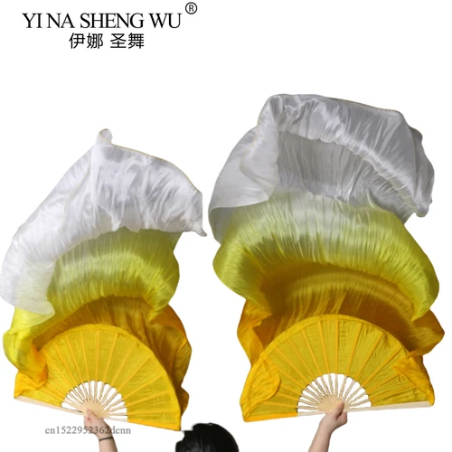 Imagen 2 del producto Abanico profesional para danza del vientre para mujer, un par de velo de seda Real, accesorios para actuación en escenario, Pub Show, fotografía, tinte a mano, 180cm