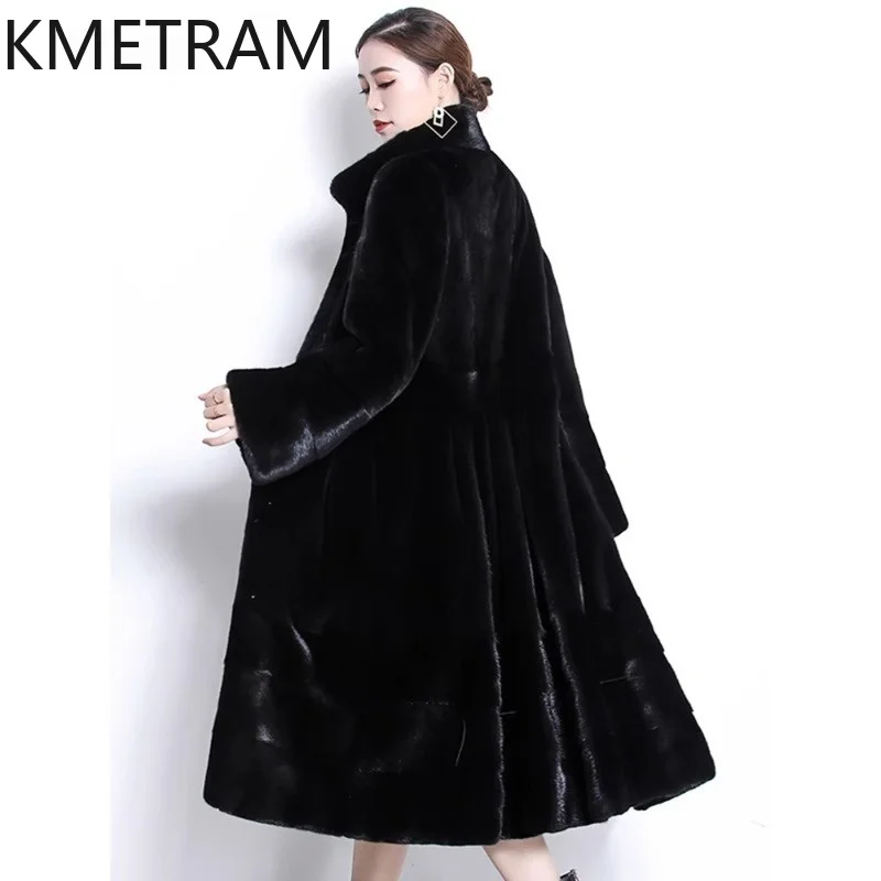 KMETRAM Natural Velvet Mink Coat Woman Luxury Real Fur Jacket Women Winter Coats Slim Fit Long Whole Mink Fur Outerwear 110cm