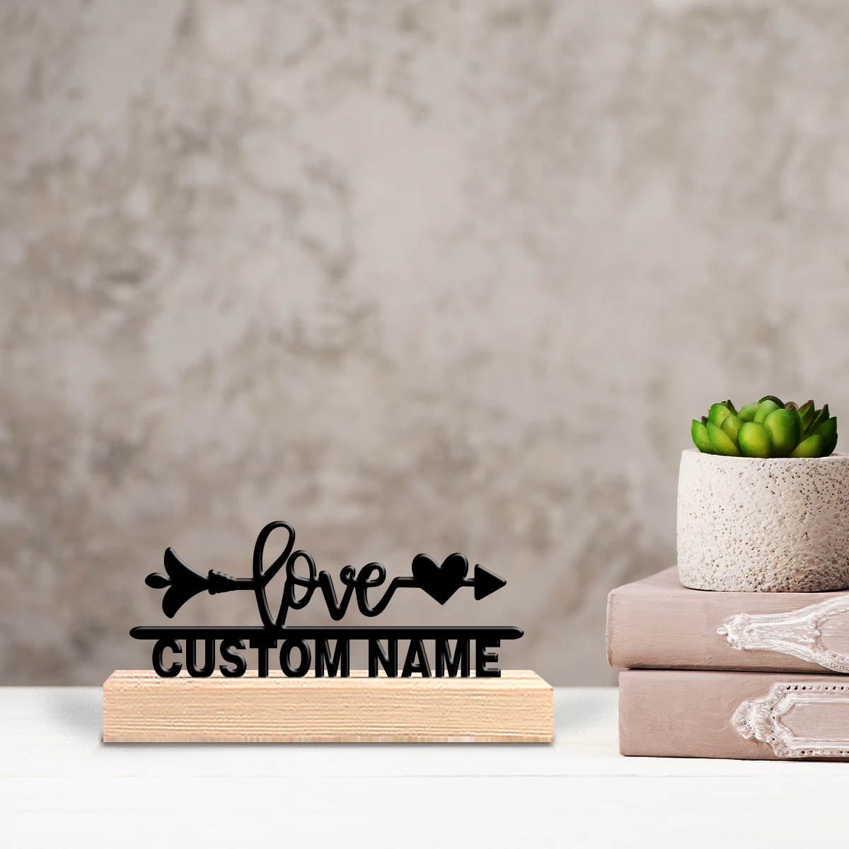 1pc Arrow through the heart Custom Text Tin Statue Iron Ornament Tin Sculpture Art Crafts With Wood Base For Children Gifts