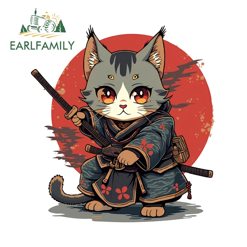 EARLFAMILY Samurai Cat DIY Motorcycle Stickers Popular Cartoon Art Item Decals Occlusion Scratch Waterproof Car Stylings
